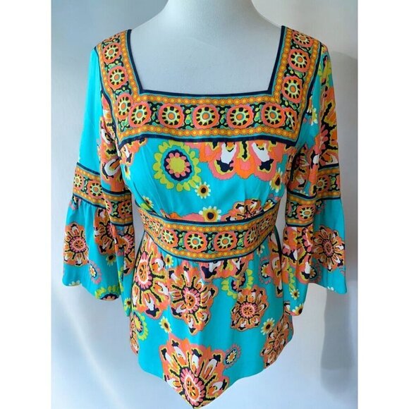 Trina Turk Silk Turquoise Gypsy Medallion Blouse Quarter Peplum Sleeve Size 4 - Picture 2 of 9